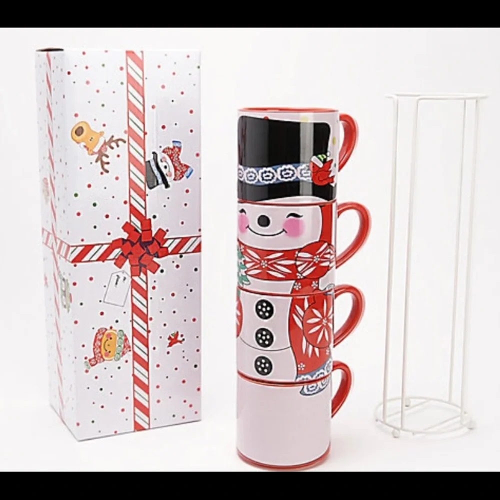 *NIB* Temp-tations Winter Whimsy set of 4 stacking mugs with metal stand - Picture 1 of 5